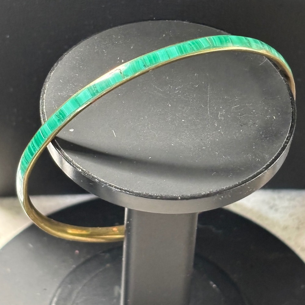 Bangle Bracelet Green Malachite Inlay Gold Tone Brass Slim Minimalist Stacking